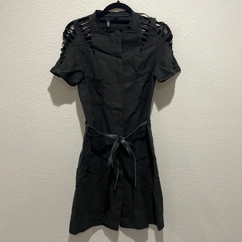 EDUN Black Linen Blend Belted Cutout Detail Dress